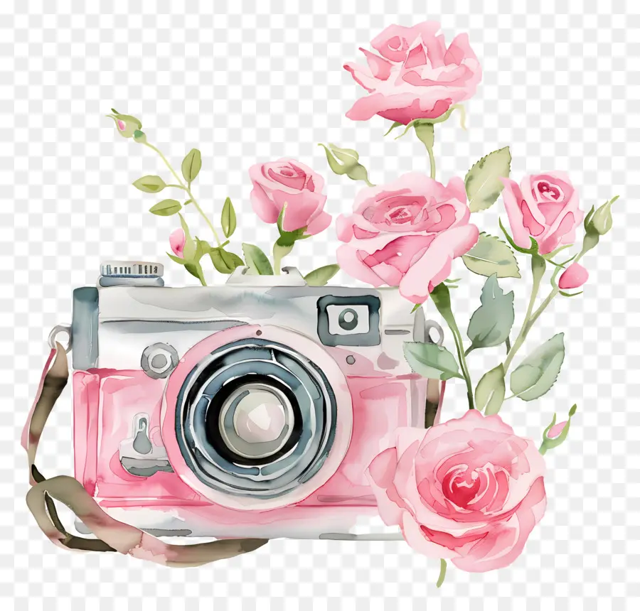 Câmera Aquarela，Câmera Com Rosas PNG