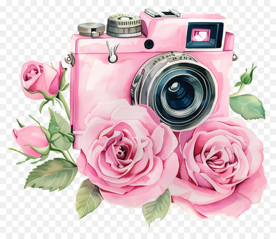 Câmera Aquarela，Câmera Vintage Com Rosas PNG