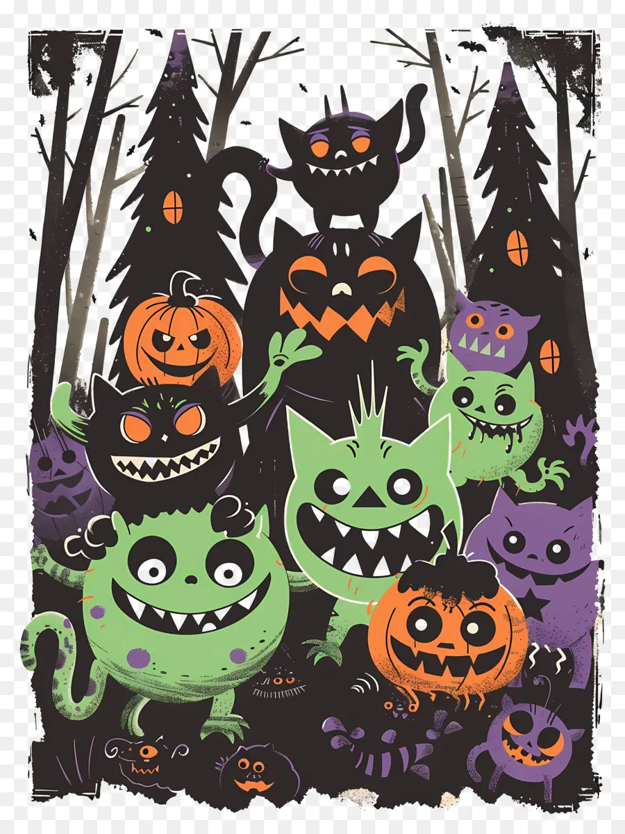 Monstros De Desenhos Animados，Gatos De Halloween PNG