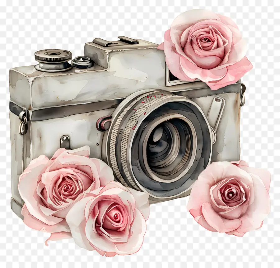 Câmera Aquarela，Câmera Vintage Com Rosas PNG