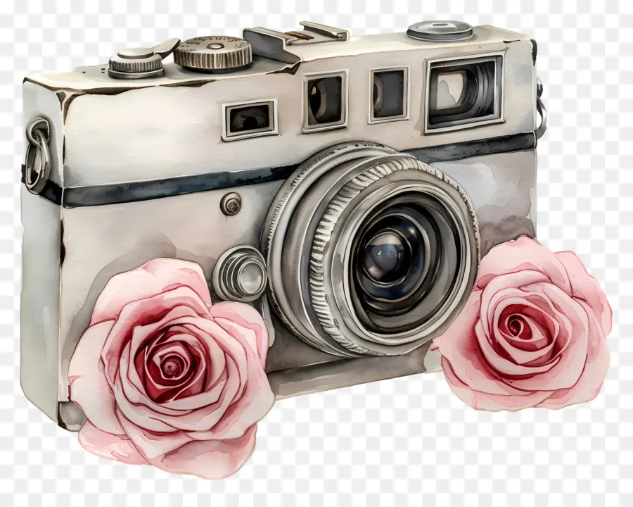 Câmera Aquarela，Câmera Vintage Com Rosas PNG