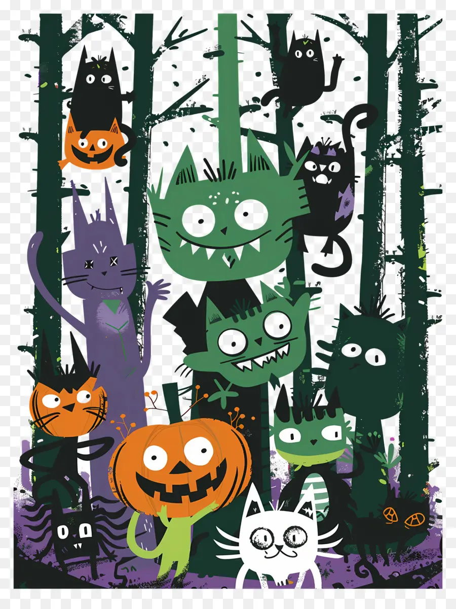 Monstros De Desenhos Animados，Gatos De Halloween PNG