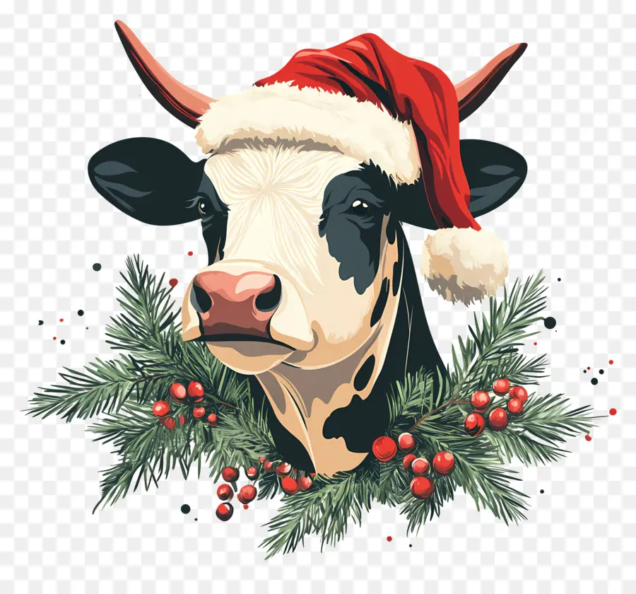 Vaca De Natal，Vaca Com Chapéu De Papai Noel E Bagas PNG