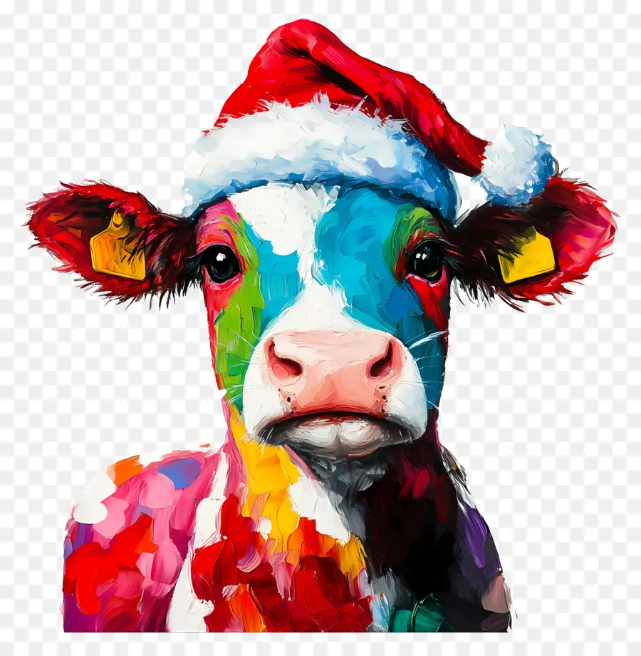 Vaca De Natal，Vaca Colorida Com Chapéu De Papai Noel PNG