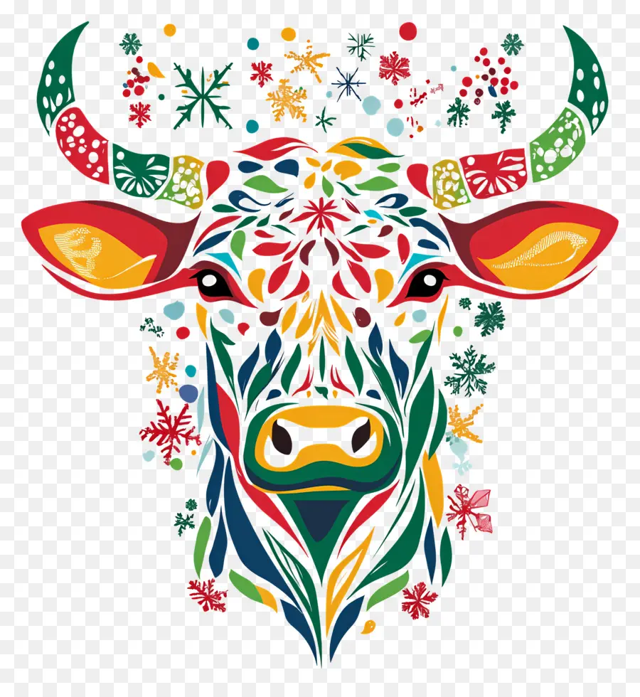 Vaca De Natal，Vaca Colorida Com Flocos De Neve PNG