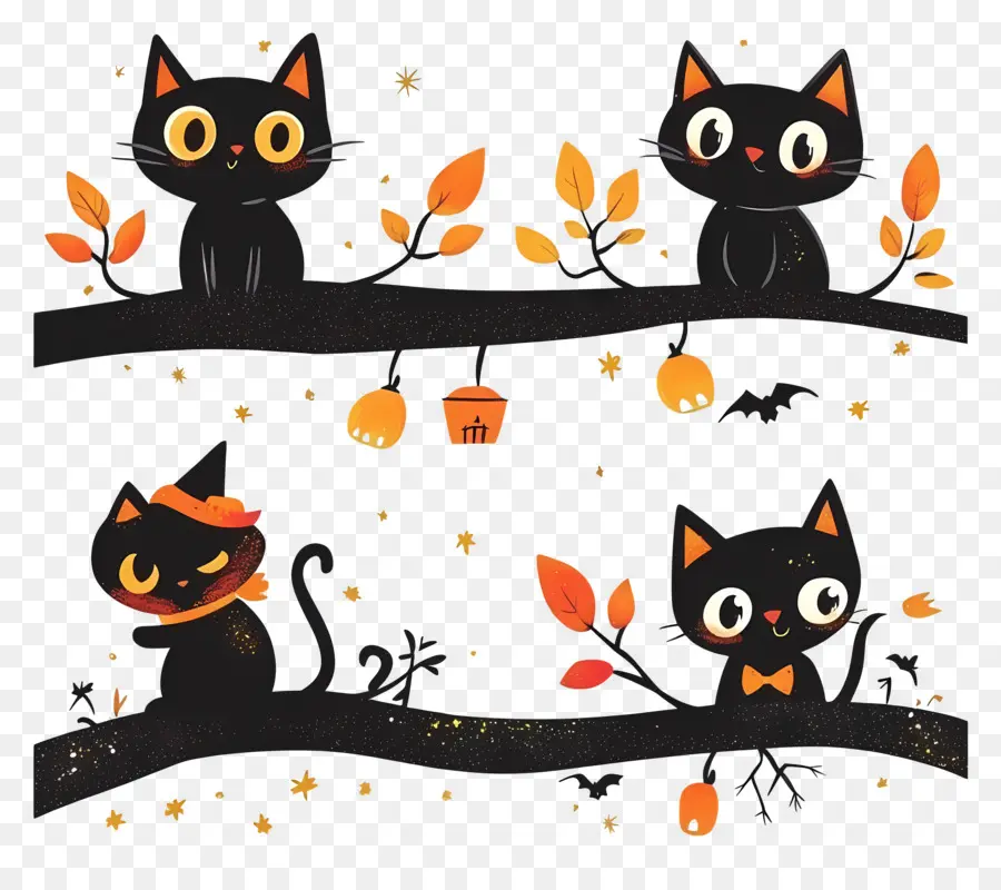 Modelo De Banner De Halloween，Gatos Pretos Nos Galhos PNG