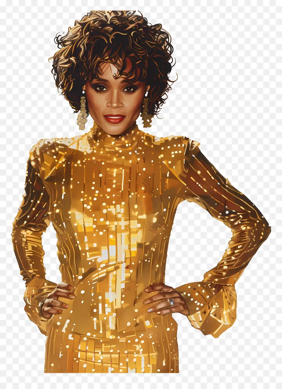 Whitney Houston，Mulher Com Roupa Dourada PNG