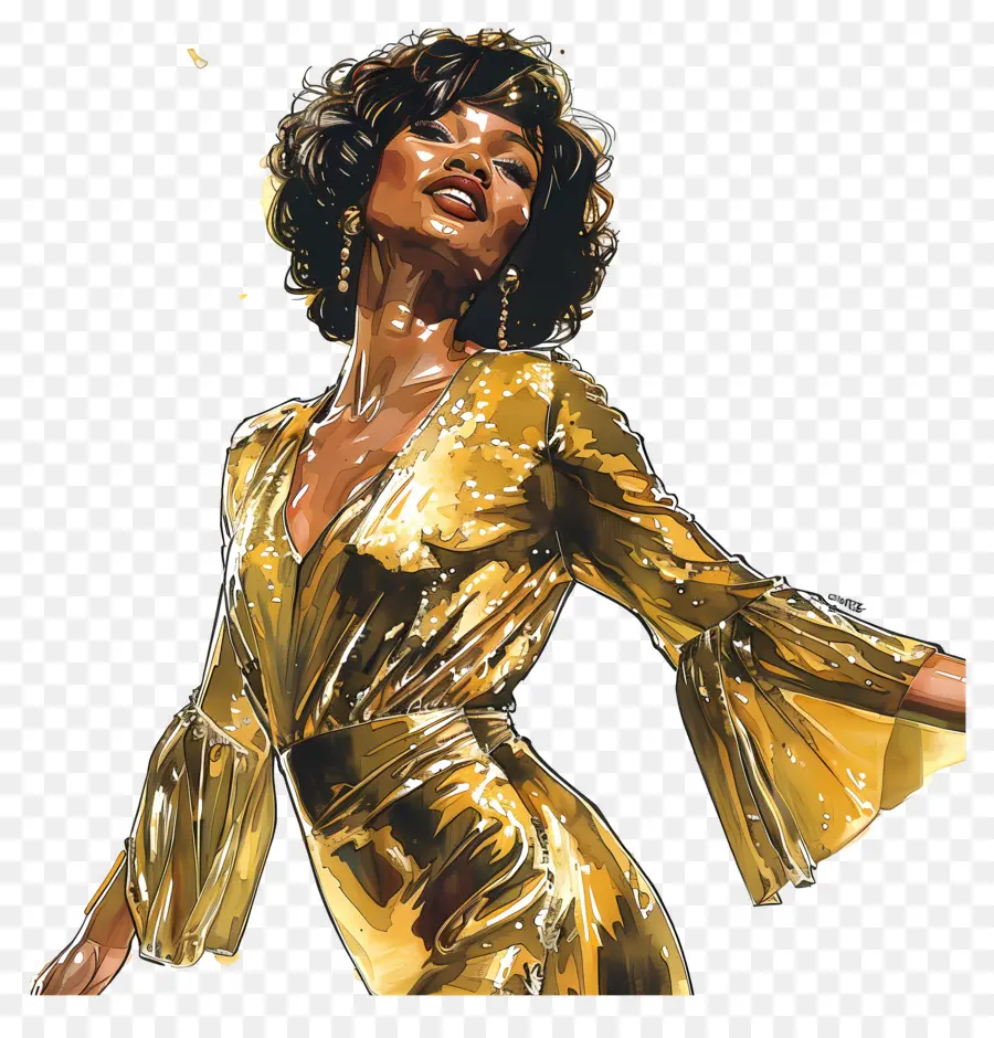 Whitney Houston，Mulher Com Vestido Dourado PNG