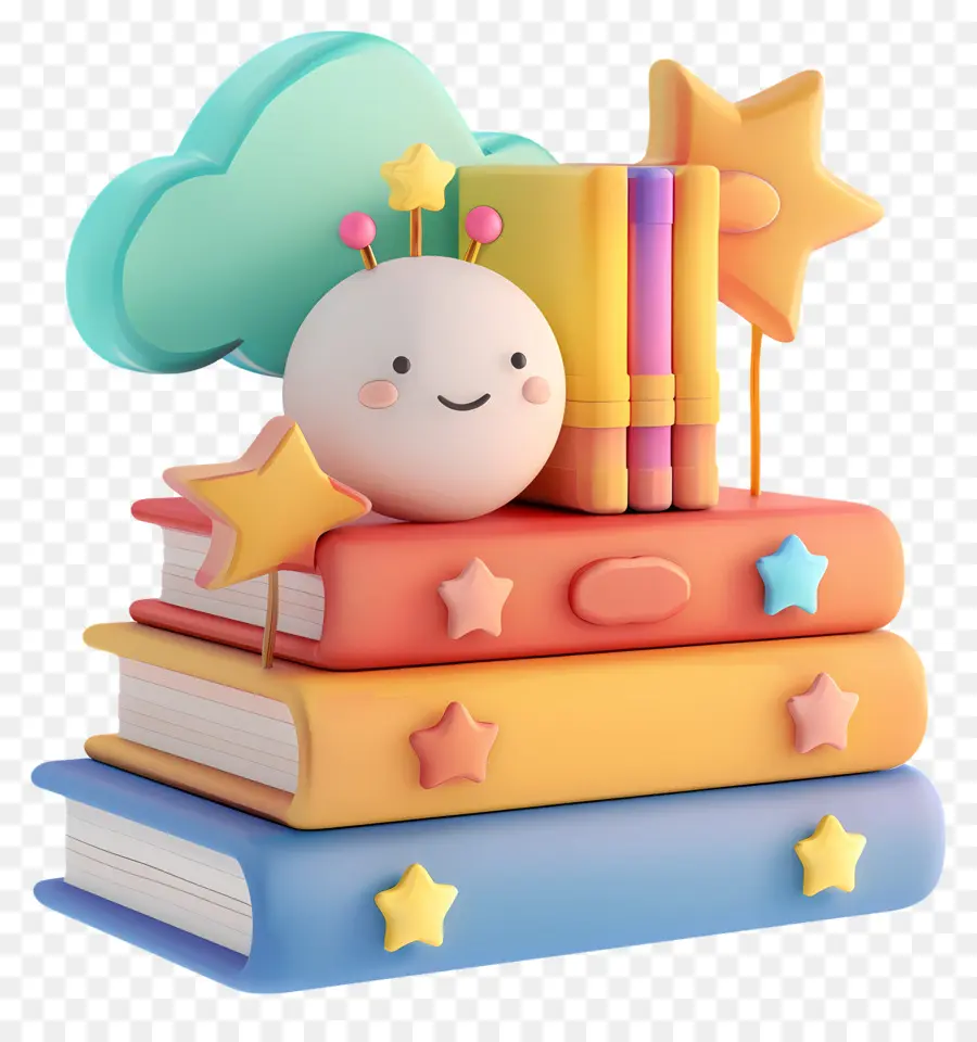 Livros Animados，Pilha De Livros Com Estrelas E Nuvens PNG