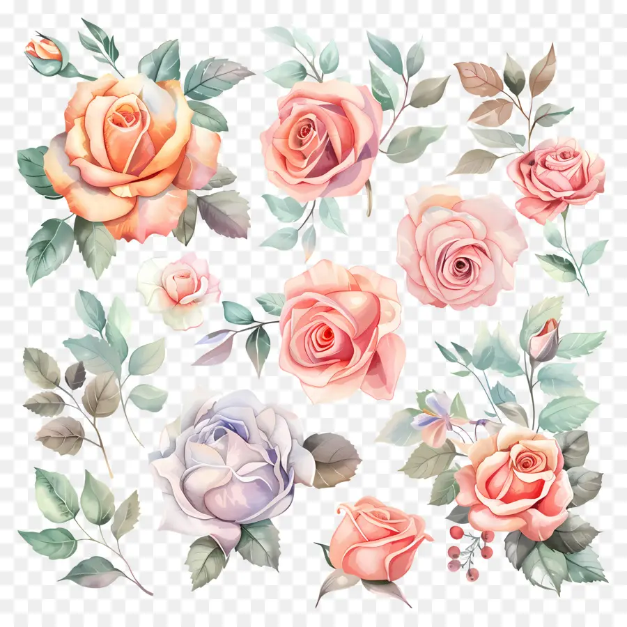 Aquarela Rosa，Rosas Coloridas PNG