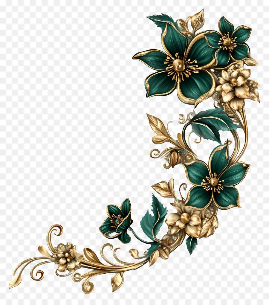 Flores De Casamento，Ornamento Floral Dourado E Verde PNG