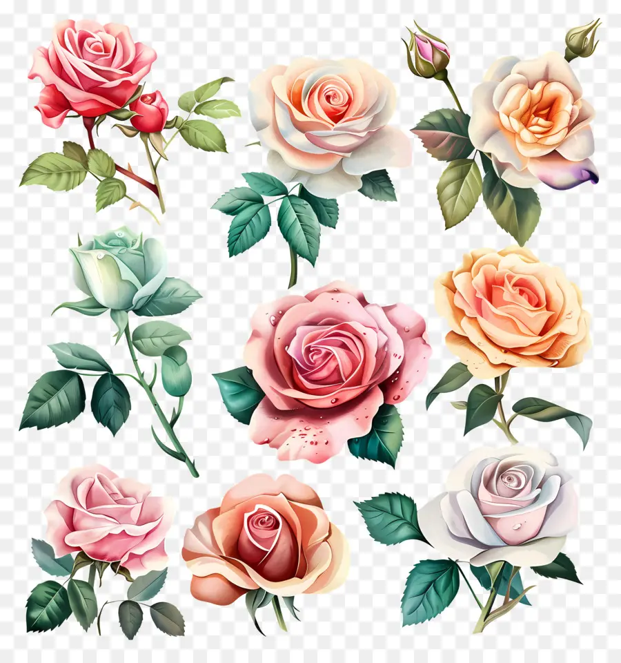 Aquarela Rosa，Rosas Coloridas PNG