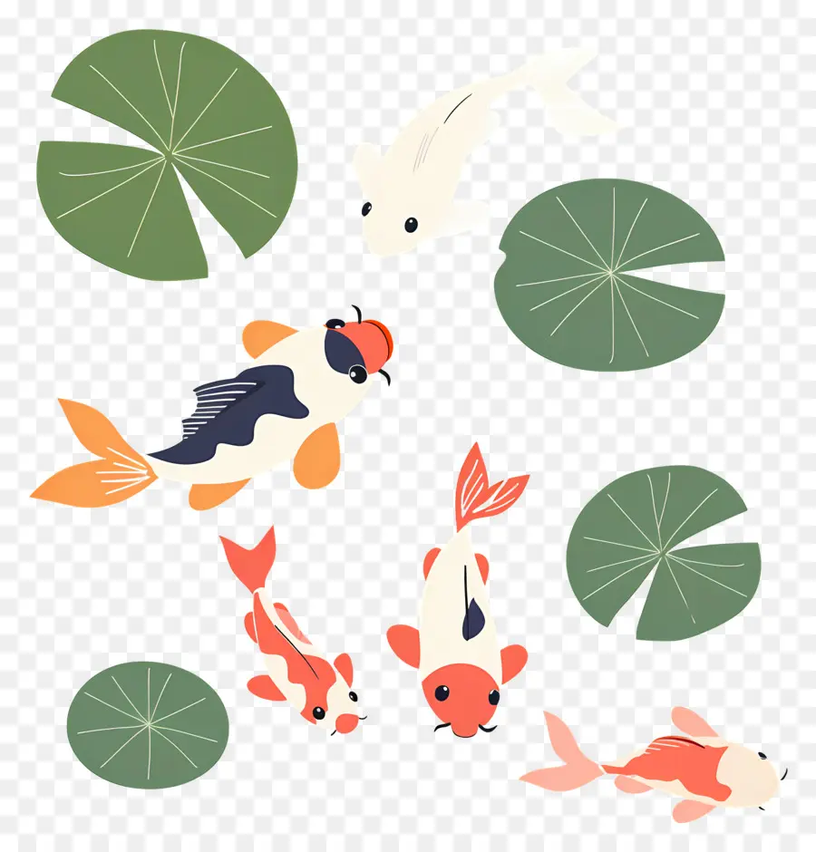 Peixe Koi，Quatro Peixes Koi Com Lírios PNG