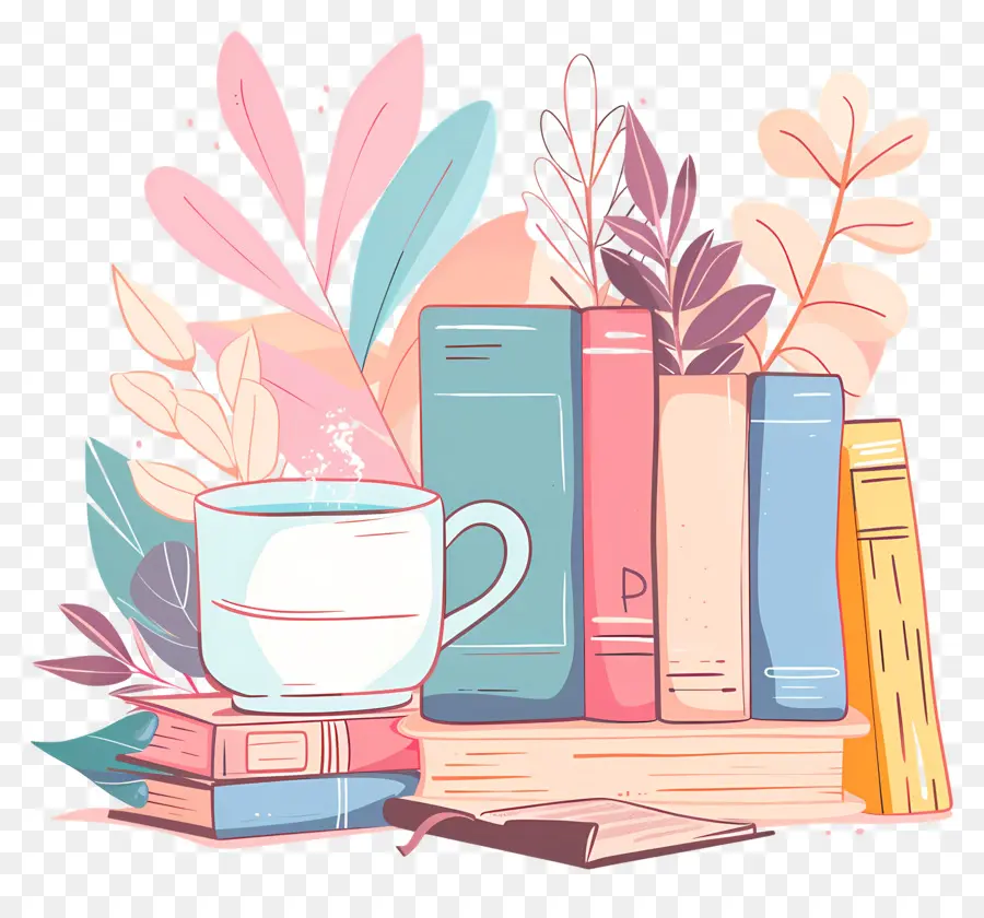 Livro E Café，Livros E Plantas Em Uma Prateleira PNG