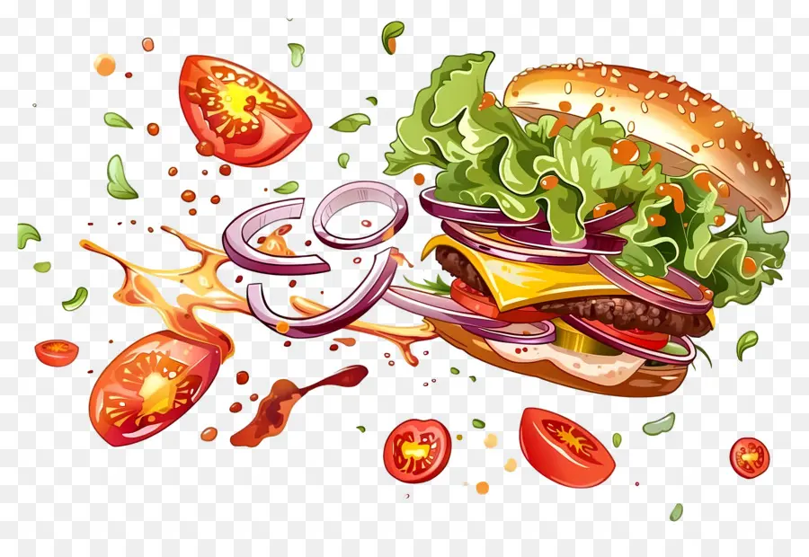 Hambúrguer Flutuante，Hambúrguer Dinâmico PNG