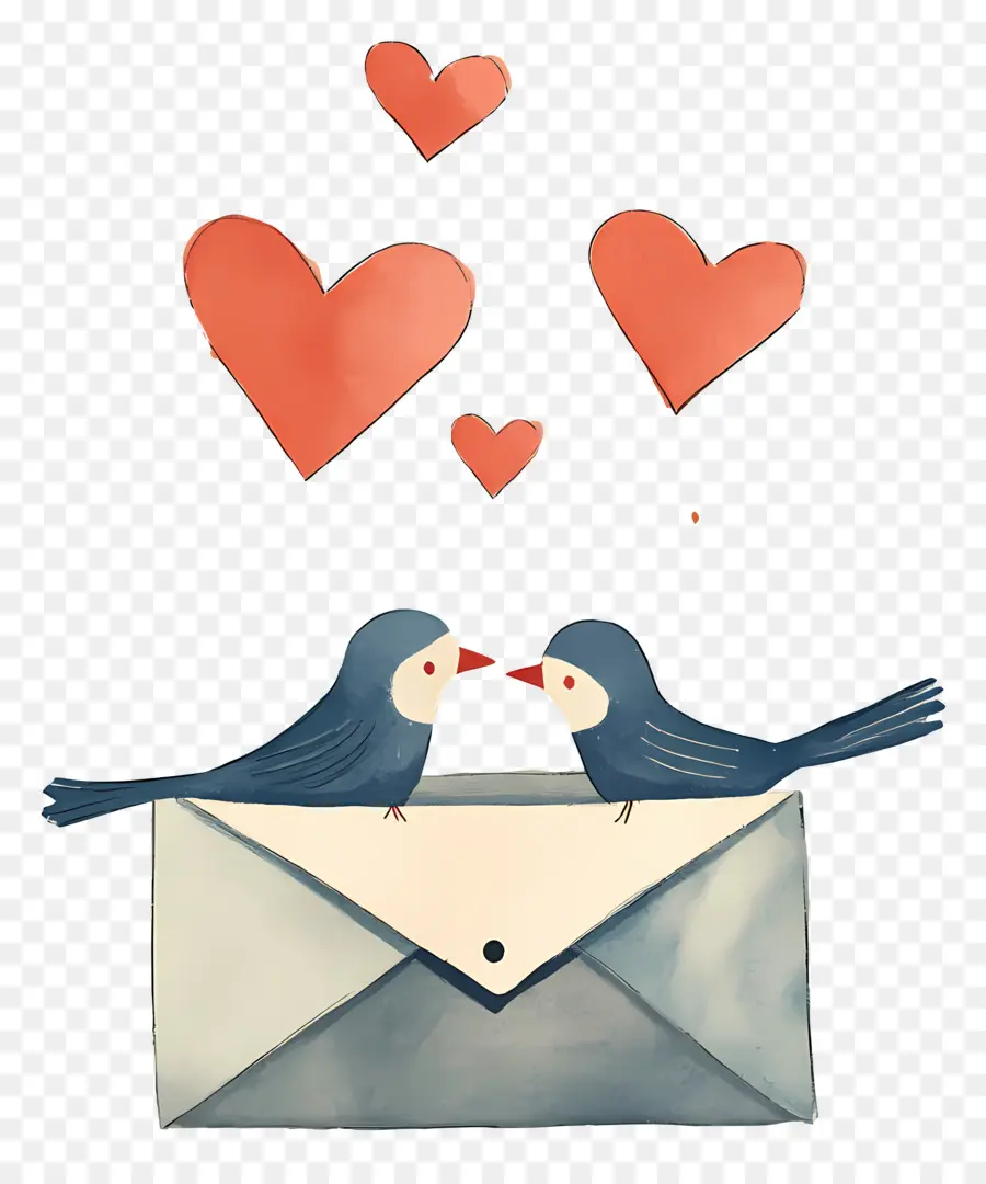 Correio De Amor，Envelope Com Pássaros E Corações PNG