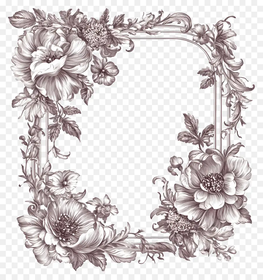 Moldura Retangular，Moldura Floral Monocromática PNG