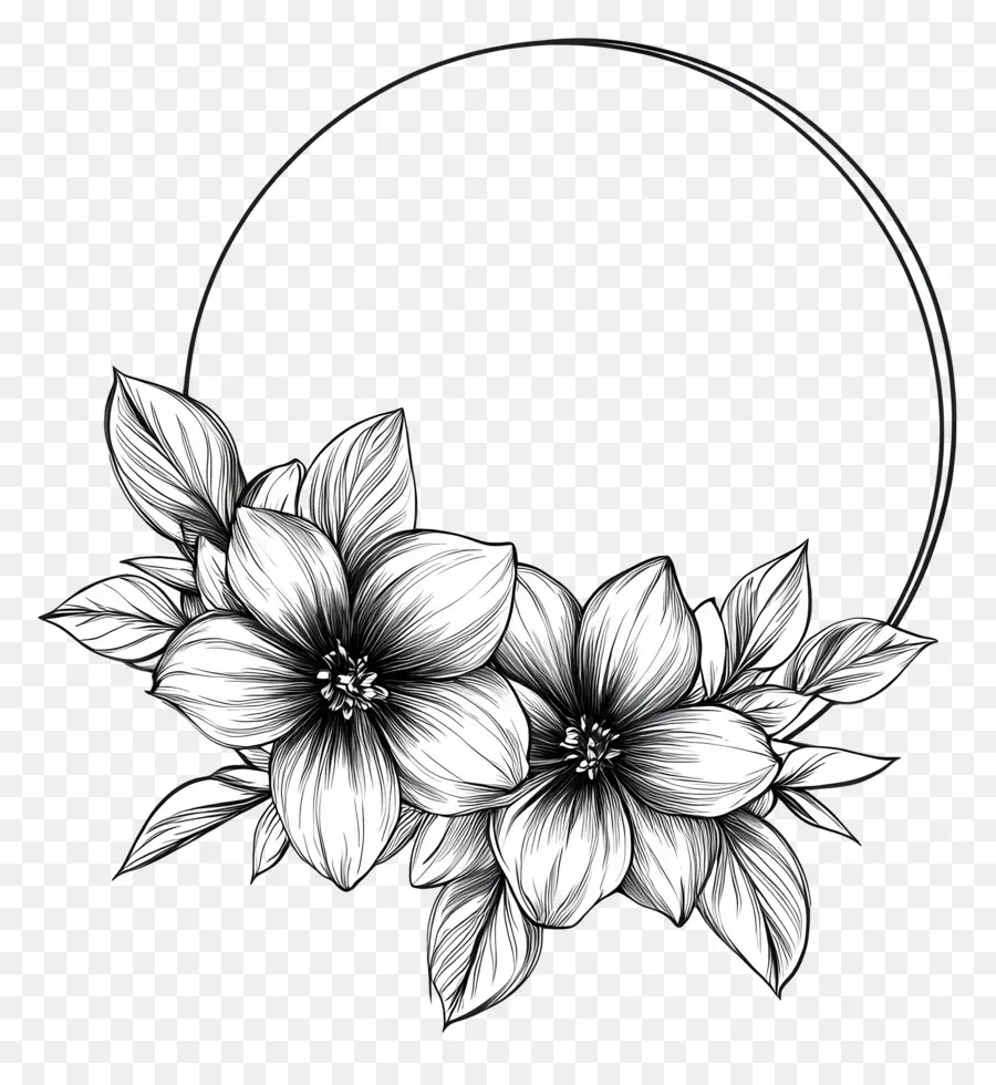 Moldura De Flor，Círculo Floral Preto E Branco PNG