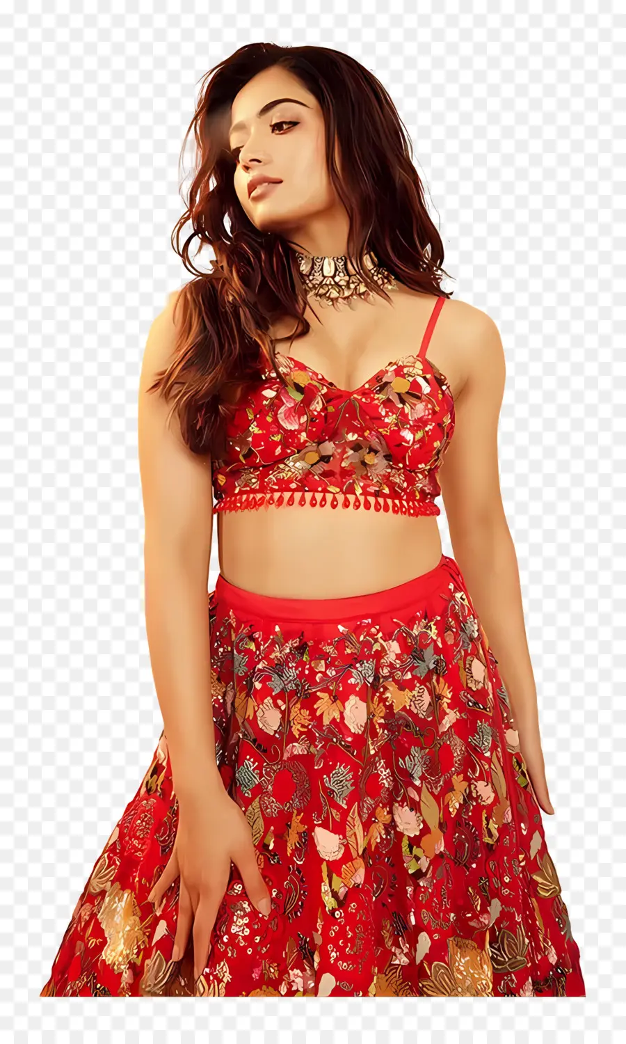 Rashmika Mandanna，Vestido Floral Vermelho PNG