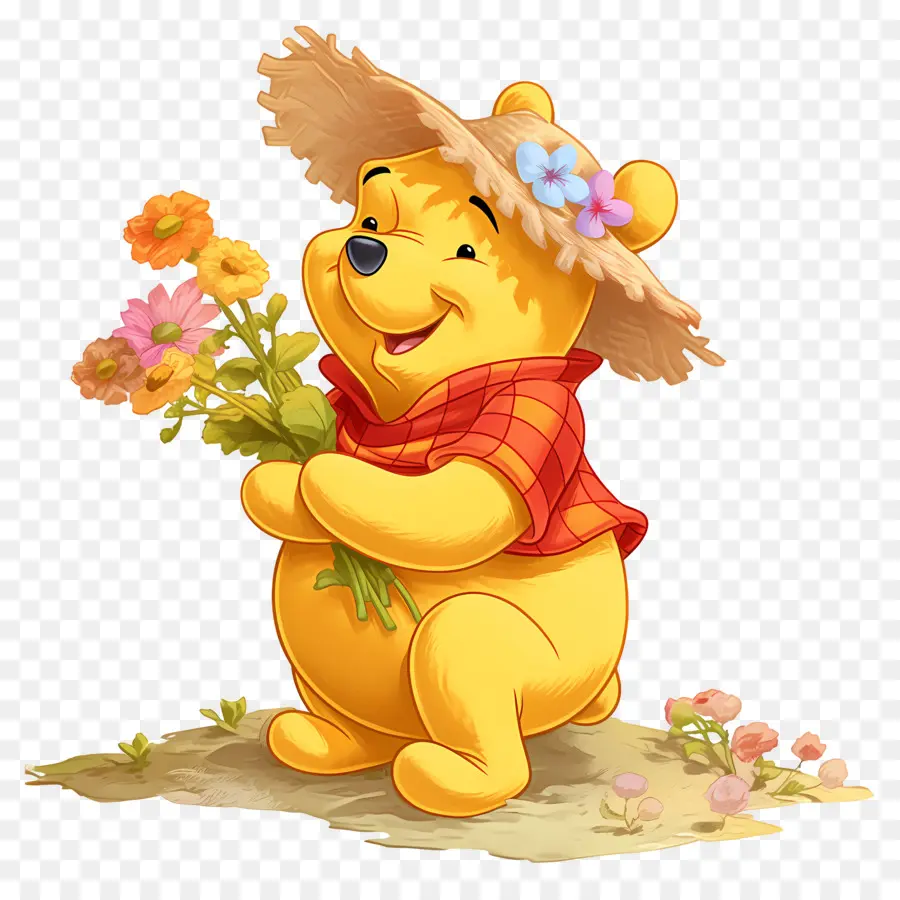 Ursinho Pooh，Urso Amarelo Com Flores PNG