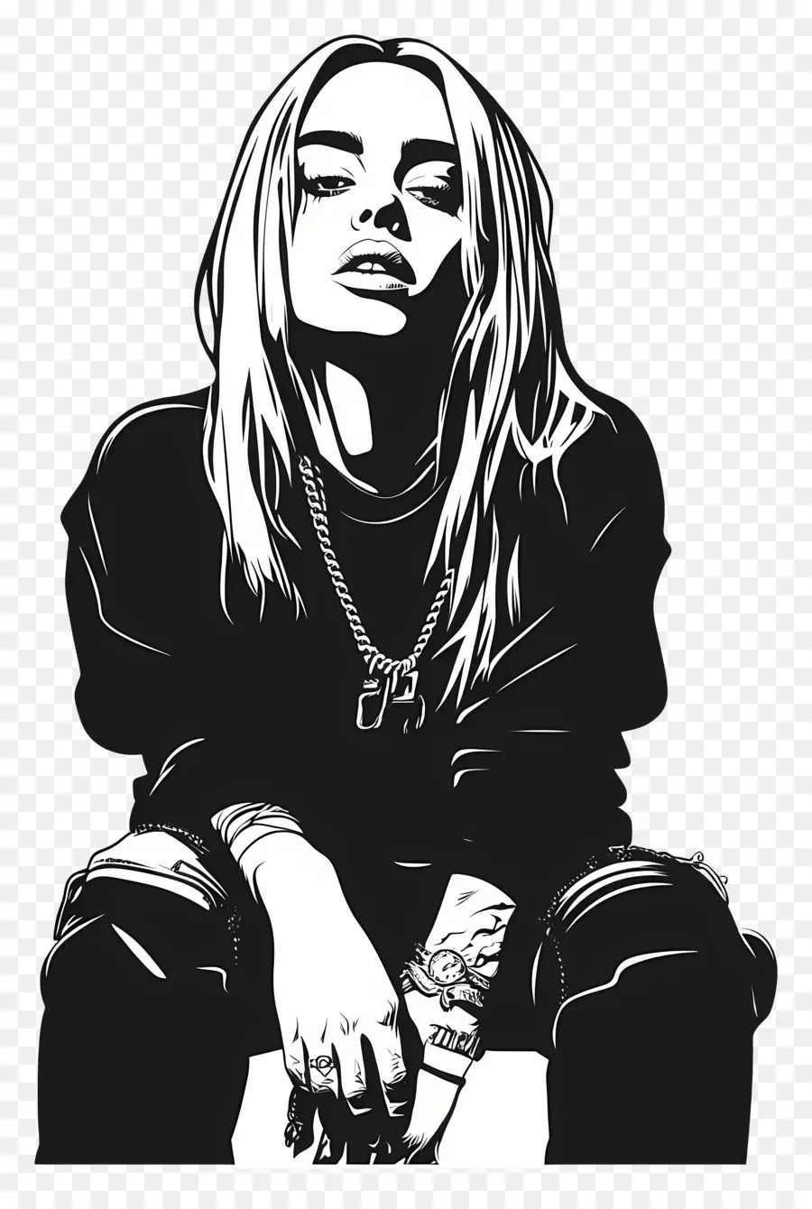 Billie Eilish，Ilustração Em Preto E Branco PNG