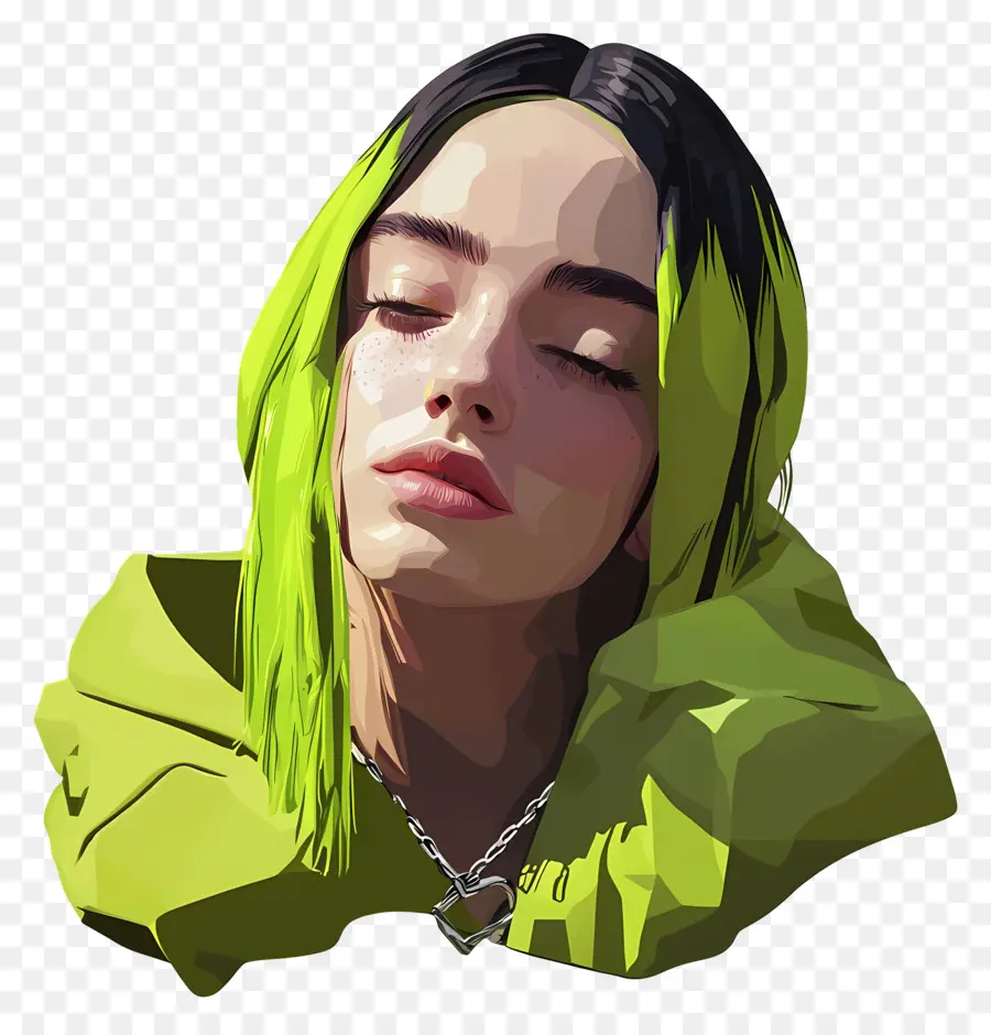 Billie Eilish，Retrato Estilizado Com Cabelo Verde PNG