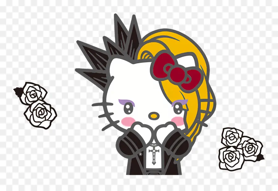 Yoshikitty，Personagem De Desenho Animado Com Cabelo Espetado E Rosas PNG