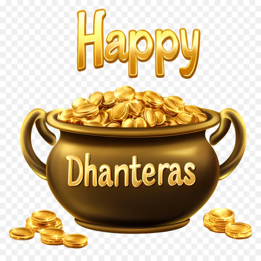 Felizes Dhanteras，Pote Verde De Moedas De Ouro PNG