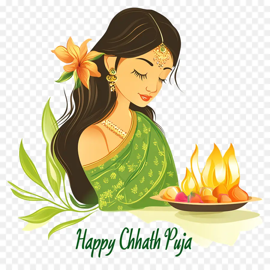 Feliz Chhath Puja，Mulher Com Diya E Frutas PNG