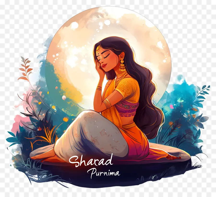 Sharad Purnima，Mulher Com Lua PNG