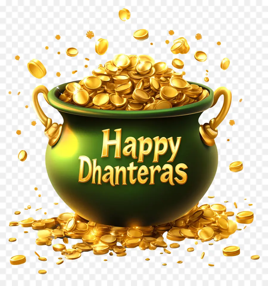 Felizes Dhanteras，Pote Verde De Moedas De Ouro PNG