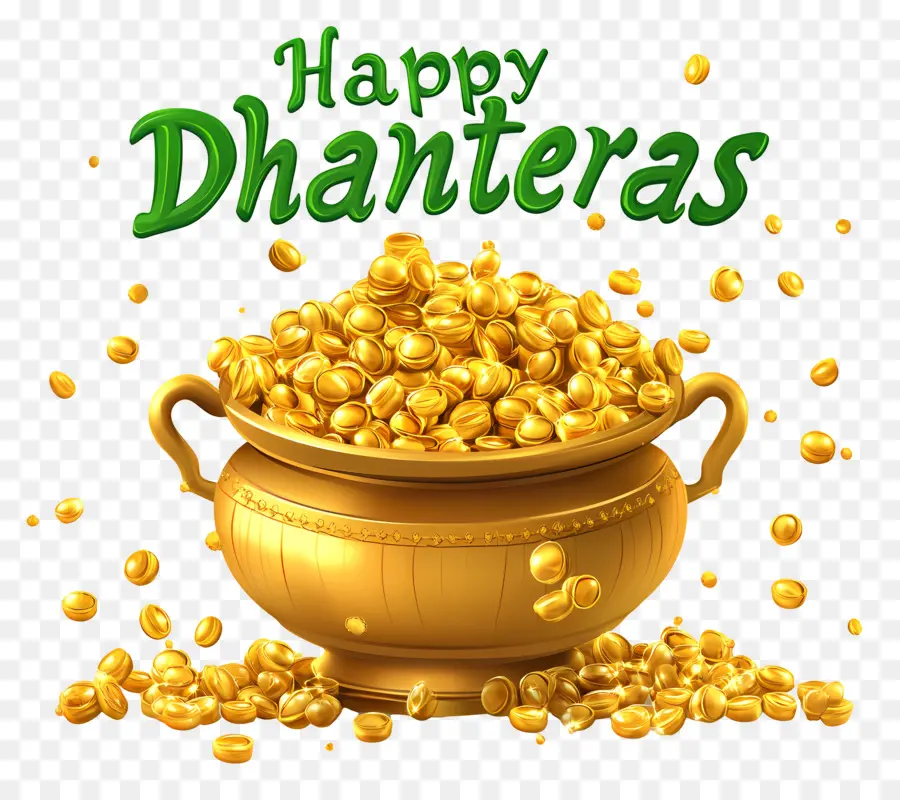 Felizes Dhanteras，Pote Verde De Moedas De Ouro PNG