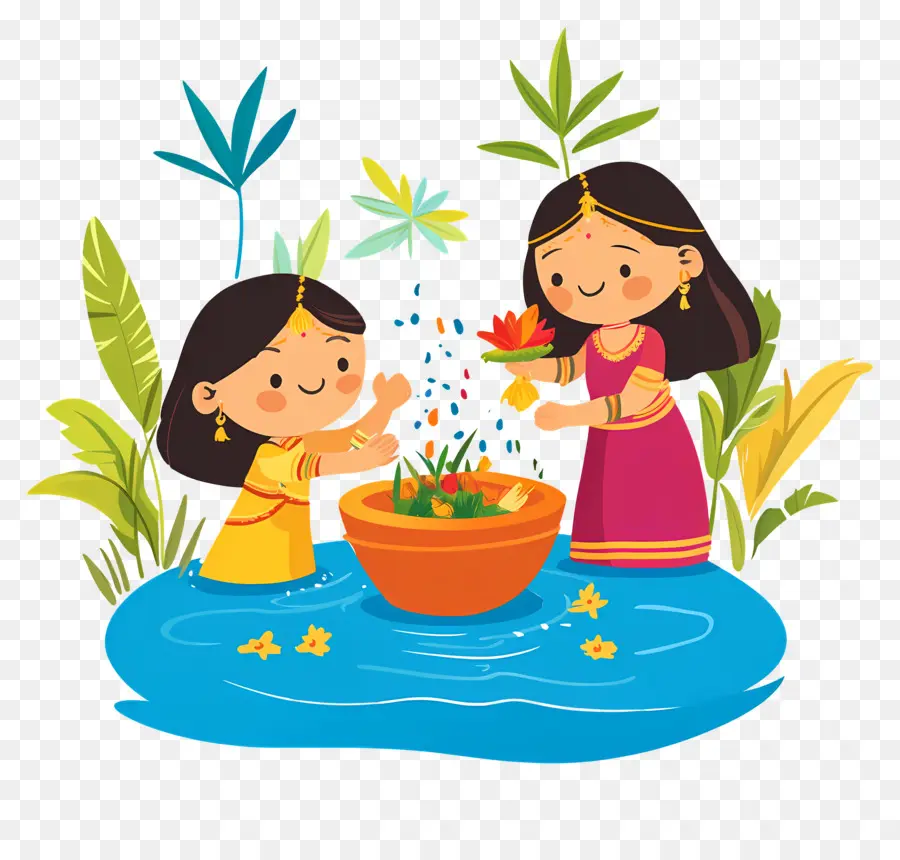 Feliz Chhath Puja，Duas Mulheres Com água E Plantas PNG