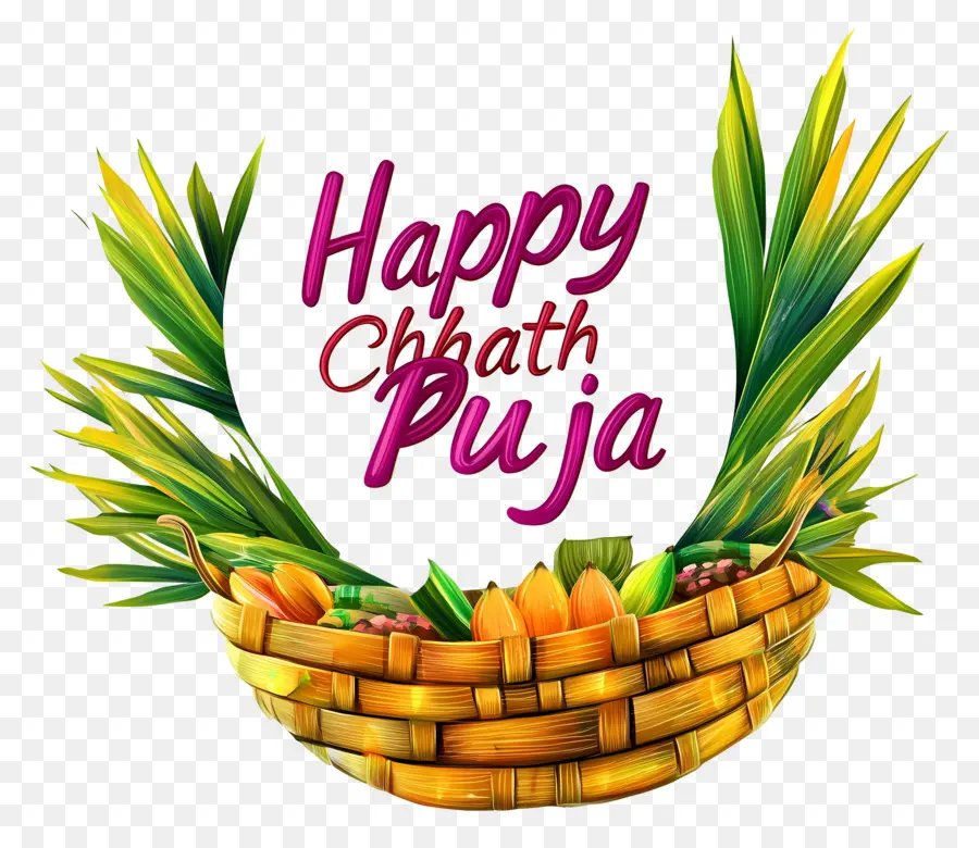 Feliz Chhath Puja，Cesta Com Frutas E Folhas PNG