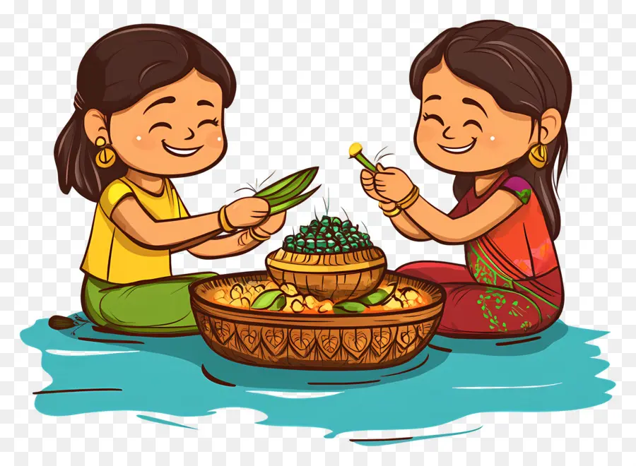 Feliz Chhath Puja，Duas Meninas Com Ofertas PNG