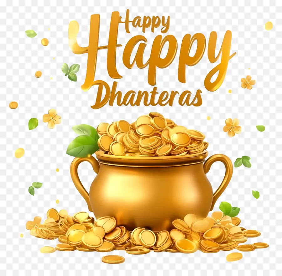 Felizes Dhanteras，Pote Dourado De Moedas De Ouro PNG