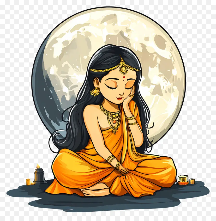 Sharad Purnima，Menina Com Lua PNG