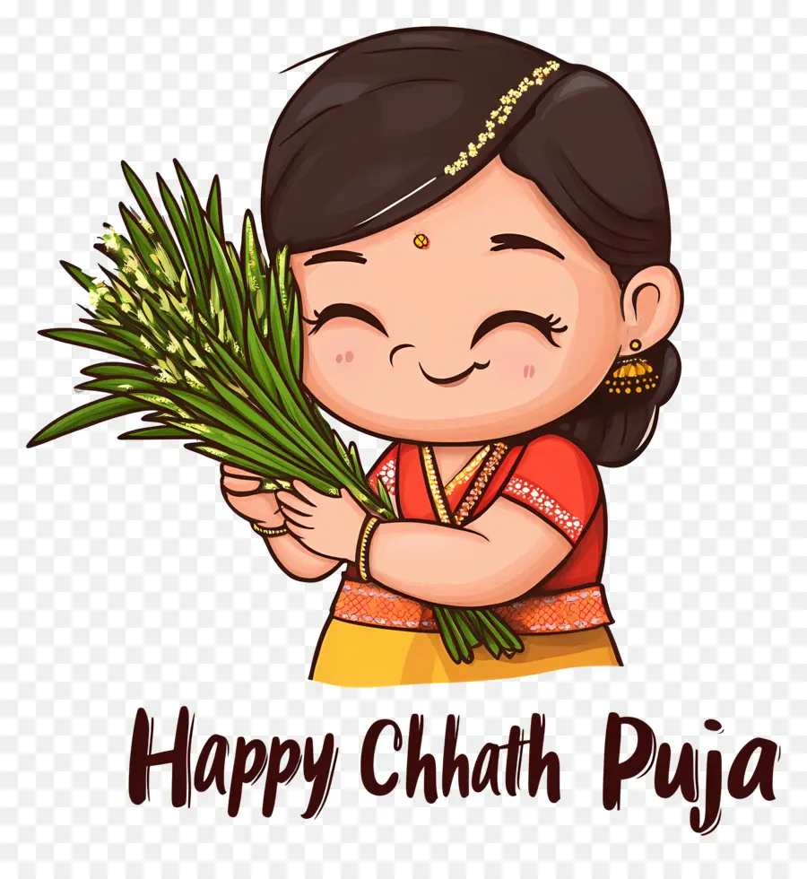 Feliz Chhath Puja，Menina Com Folhas PNG