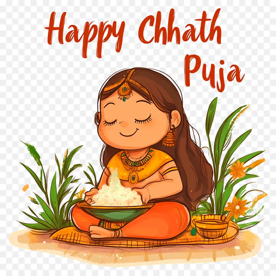 Feliz Chhath Puja，Mulher Com Oferta De Comida PNG