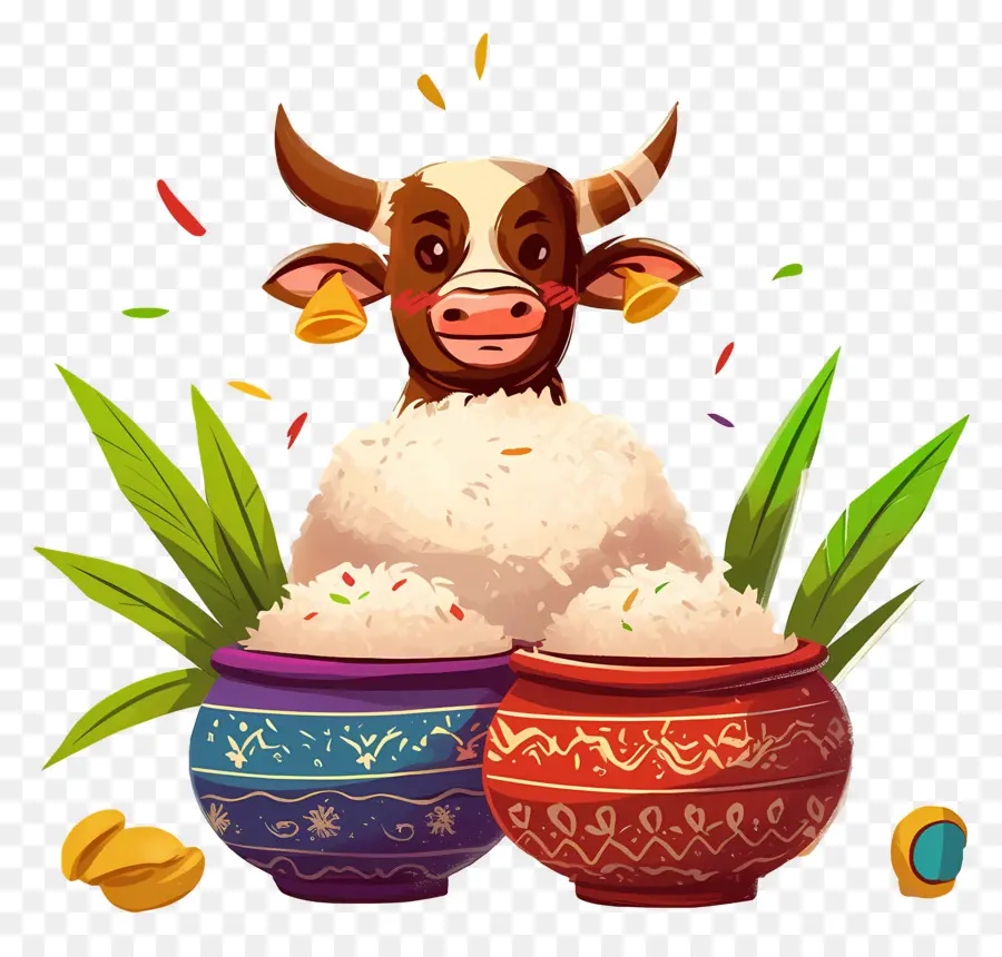 Pongal，Vaca Decorada Com Vasos PNG