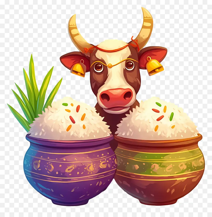 Pongal，Vaca Decorada Com Vasos PNG