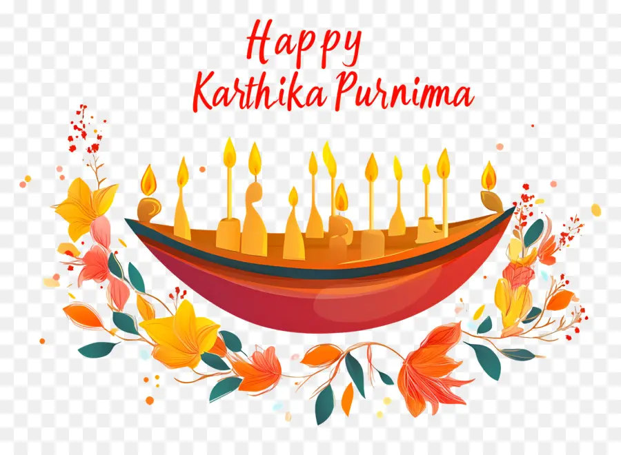 Feliz Karthika Purnima，Barco Floral Com Velas PNG