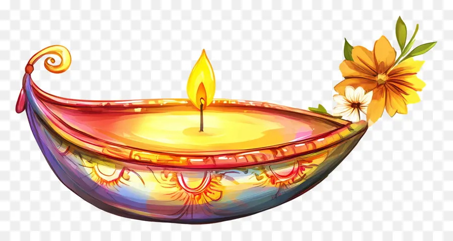 Feliz Karthika Purnima，Diya Colorida Com Flores PNG