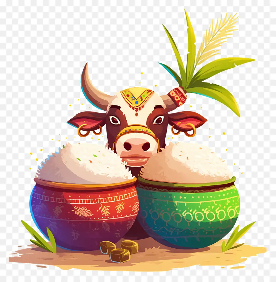 Pongal，Vaca Decorada Com Vasos PNG