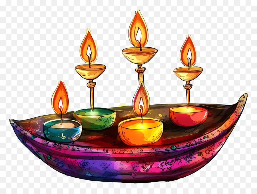 Feliz Karthika Purnima，Barco Artístico Com Diyas PNG