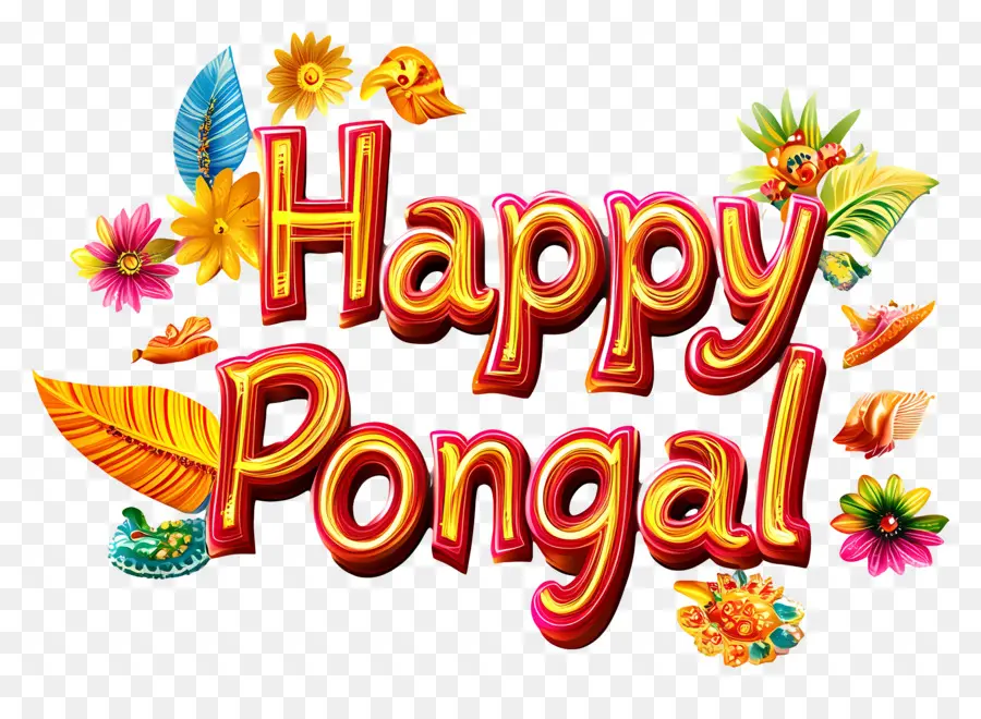 Feliz Pongal，Texto Com Flores PNG