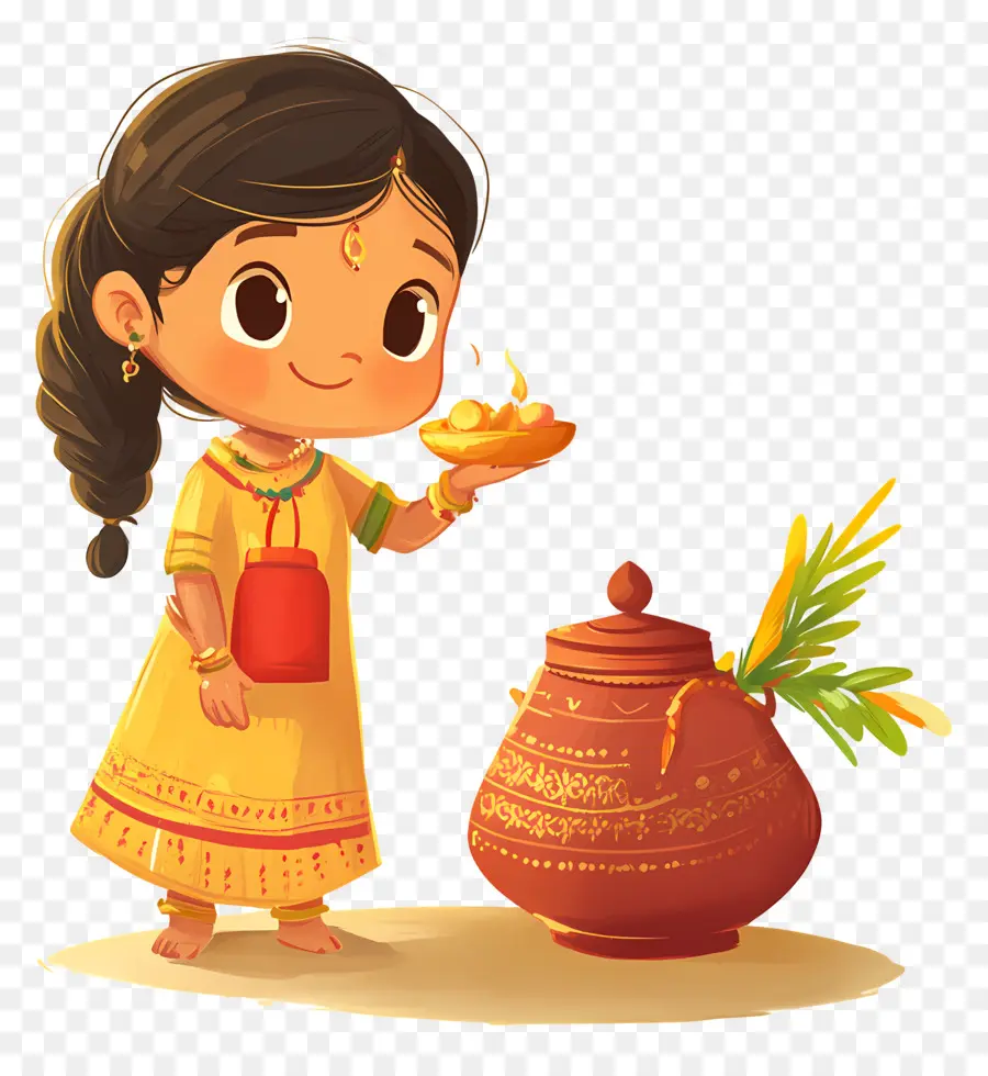 Feliz Pongal，Menina Com Lâmpada E Panela PNG