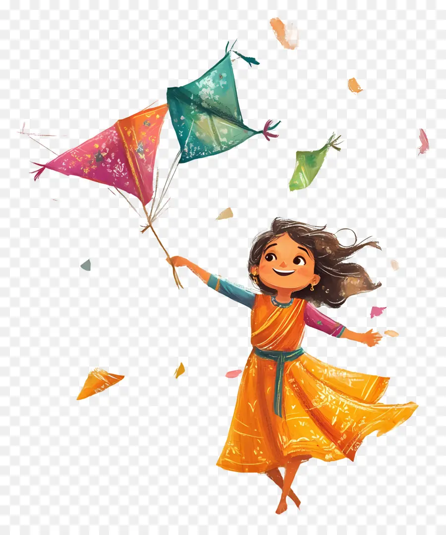 Feliz Makar Sankranti，Menina Com Pipas PNG