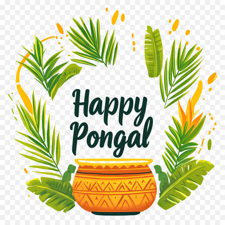 Feliz Pongal，Vaso Decorativo E Folhas PNG