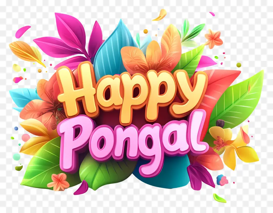 Feliz Pongal，Flores E Folhas Coloridas PNG